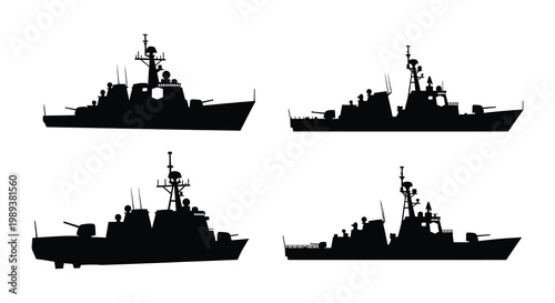 Silhouettes of modern naval warships against a white background