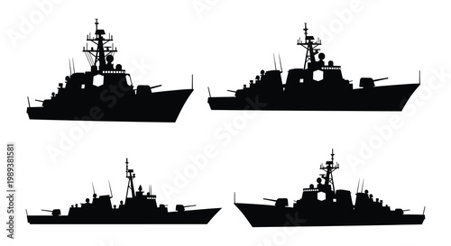 Silhouettes of modern naval warships against a white background