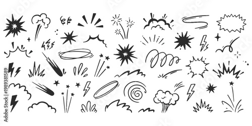 An energetic collection of hand-drawn comic book style elements featuring explosions, bursts, lightning, and speed lines.