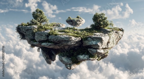 Rendered floating island with lush green grass, rocks, and small trees against sky with clouds and reflections