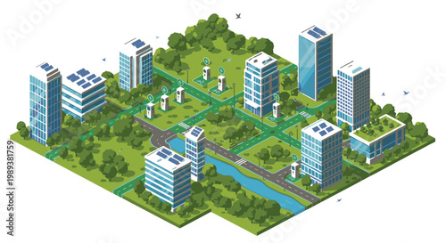 Modern cityscape with green spaces buildings.