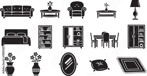 Black and white furniture icons set collection