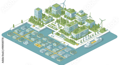 Sustainable city with green spaces and wind turbines.