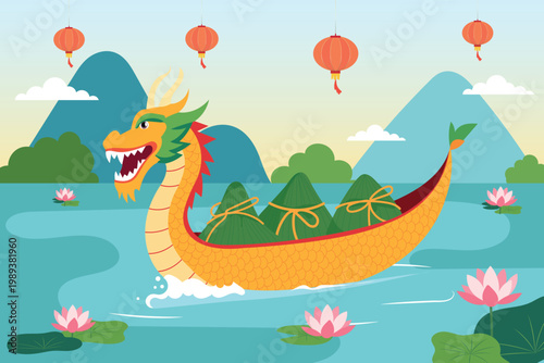 yellow dragon boat with sticky rice dumpling illustration