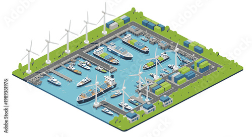 Marina with boats and wind turbines.
