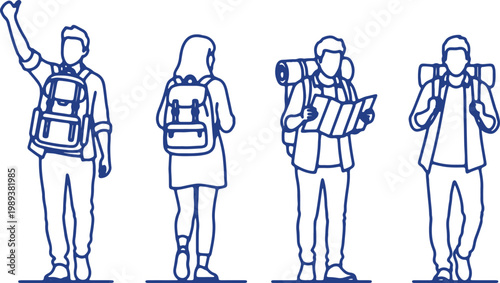 Travelers with backpacks exploring nature and enjoying outdoor adventures together.