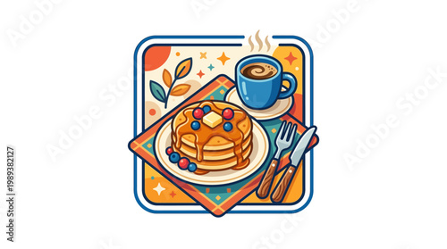 Stack of pancakes with butter and fruit.