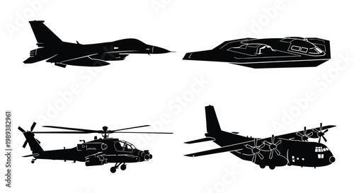 Silhouettes of military aircraft fighter jet stealth bomber helicopter and transport
