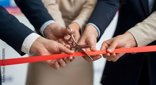 Close up of hands cutting a red ribbon with scissors at a grand opening event.