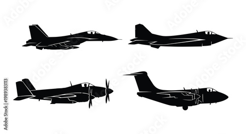 Silhouettes of military aircraft fighter jet stealth bomber helicopter and transport