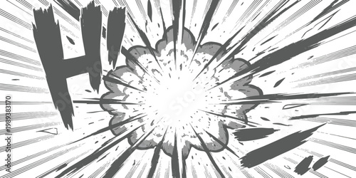 A dynamic black and white manga explosion with dramatic speed lines and a powerful 'H!' sound effect, conveying intense action and impact.