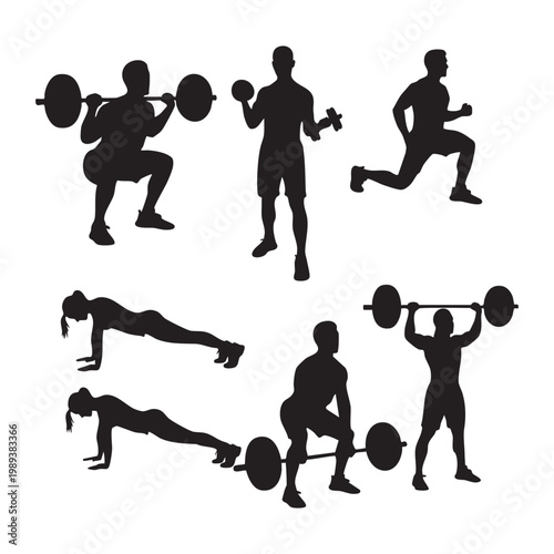 Silhouette of people doing various exercises with weights