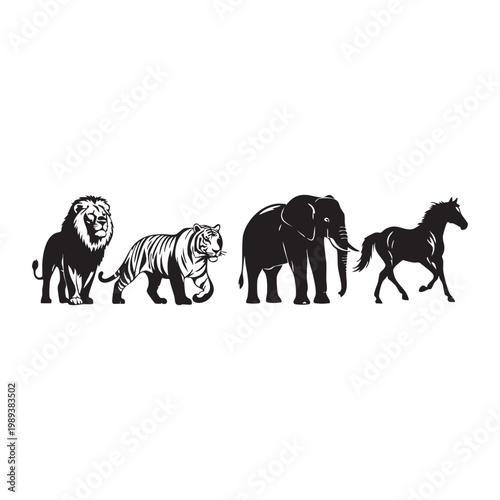 Black silhouettes of lion, tiger, elephant, and horse