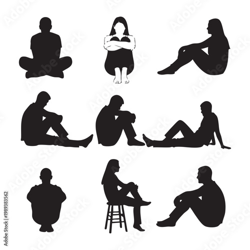 Collection of sitting people silhouettes in various poses