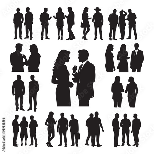 Collection of black silhouettes of people standing and interacting in various poses