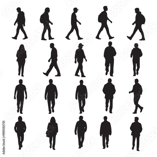 Collection of black silhouettes of people walking and standing