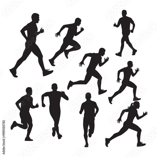 Silhouettes of people running in various poses