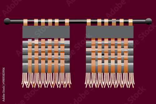 Two woven wall hangings displayed on a dark gray metal rod