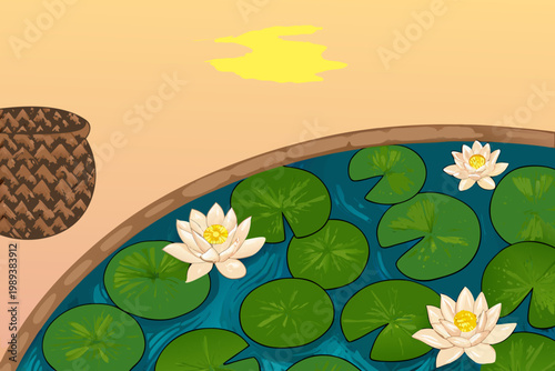 A serene pond with blooming lotus flowers and woven baskets