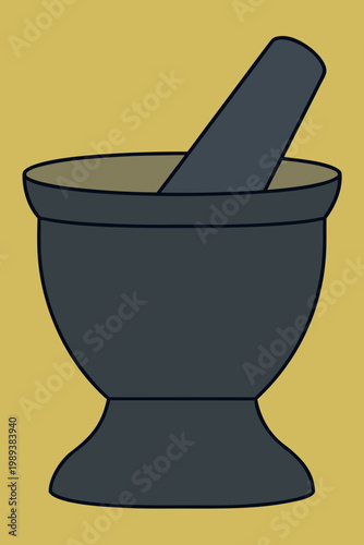 A dark gray mortar and pestle illustration against a golden background
