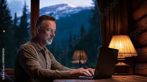 Middle-aged man in glasses working on laptop by window with mountain view at dusk
