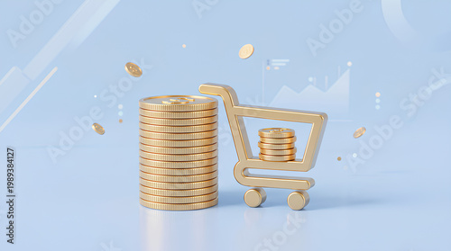 Golden Shopping Cart with coins and investment concept, perfect for financial designs.
