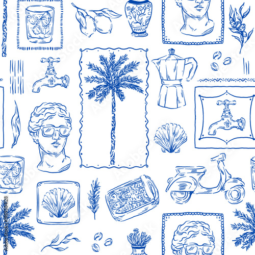 Blue ink Mediterranean seamless pattern with Greek statues, palm trees and lemons. Hand-drawn coastal siesta background.