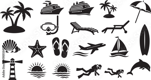 Black and white beach vacation icons and symbols