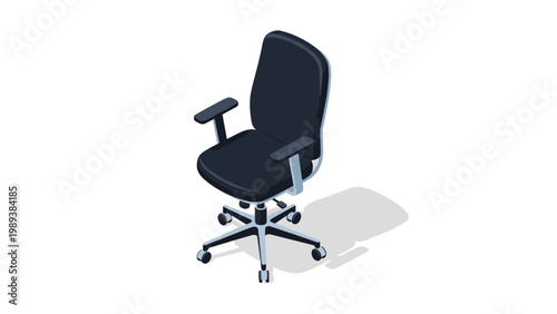 Black office swivel chair with armrests and a five point base is shown in an isometric view for workplace and interior design.