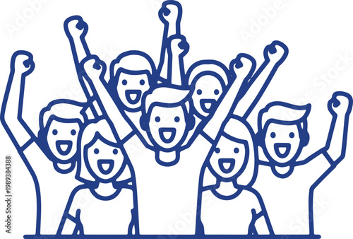 Excited crowd cheering celebrating success with raised fists in air showing victory and happiness.