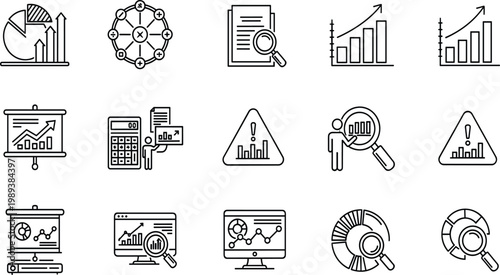 "Set of Data Analytics and Business Icons with Growth, Graphs, and Research Symbols"
