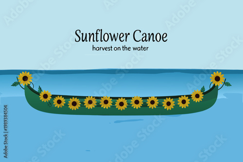 A whimsical green canoe is adorned with bright yellow sunflowers on water