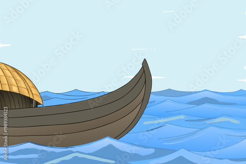 A stylized illustration of a viking ship sailing on a blue sea