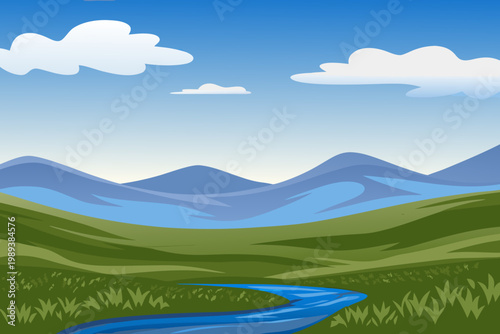 A serene landscape featuring rolling hills a winding stream and blue skies