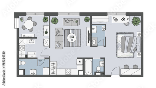 Detailed architectural floor plan of a modern two-bedroom apartment showing furniture layout and room dimensions.