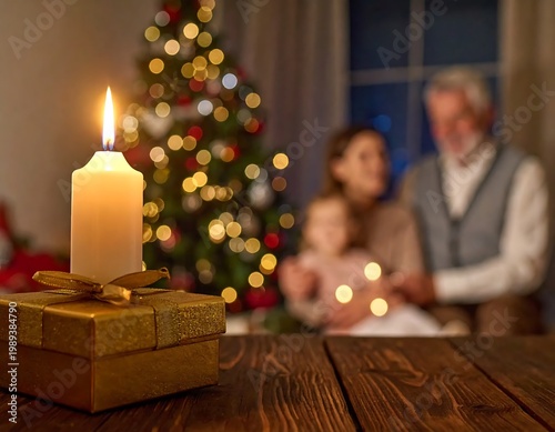 Glowing White Candle On Golden Gift Box With Blurred Multi Generational Family And Festive Christmas Tree In Warm Home Interior