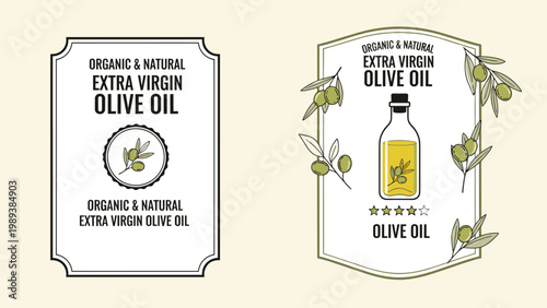 Labels for organic extra virgin olive oil featuring illustrations of olives on branches and a glass bottle of oil.