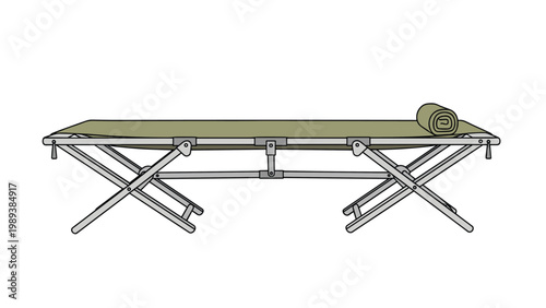 Portable military style folding camping cot with a rolled olive green sleeping mat is ready for outdoor adventure and rest.