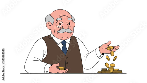 Wealthy elderly man with a monocle and mustache happily drops gold coins into a growing pile on a plain white background.
