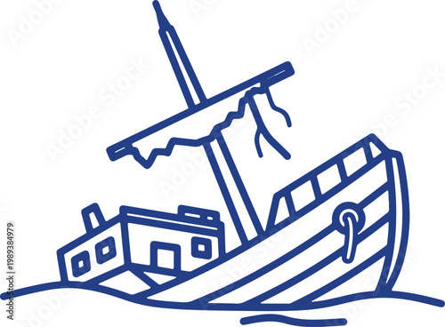 Shipwreck icon illustration with abstract wavy lines representing ocean water.