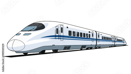 Modern high speed bullet train travels quickly along tracks in a clean vector illustration representing efficient transport.