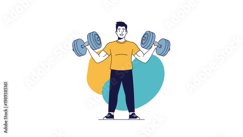 Strong man with a happy expression lifts two large dumbbells during a fitness workout against a modern abstract backdrop.