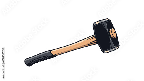 Heavy duty sledgehammer with a long wooden handle and black metal head is shown in a professional tool illustration.