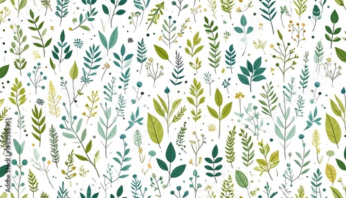Green Botanical Leaf Pattern With Various Foliage Sprigs And Herbs In Hand Drawn Style On White Background