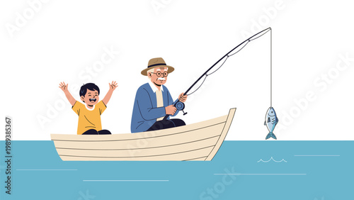Happy elderly man and young boy enjoy a peaceful day fishing from a small wooden boat on calm blue water under a bright sky.
