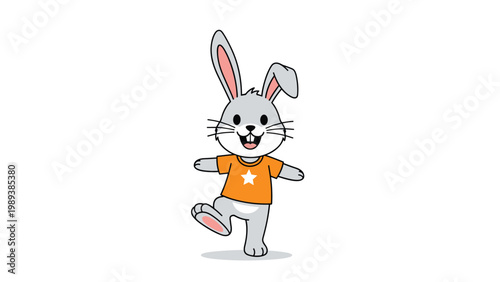 Cheerful gray cartoon bunny wearing an orange star t-shirt walks happily with a big smile on a simple white background.