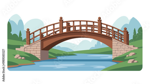 Picturesque wooden arched bridge crosses over a tranquil blue river in a lush green landscape with distant hills and trees.