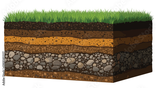 Educational cross section illustration of ground soil layers showing green grass topsoil sandy dirt gravel and solid rocks.