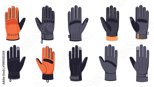 Comprehensive set of ten different styles of tactical and work gloves in various colors like orange black and dark gray.