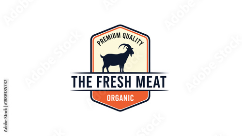 Vintage style emblem for organic fresh meat featuring a dark goat silhouette inside a hexagonal shield with bold typography.